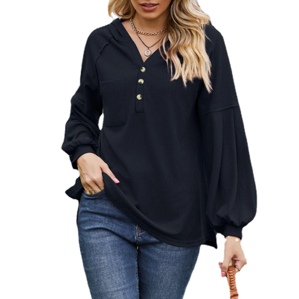 Women Hooded Button Collar Sweatshirt V Neck Lantern Long Sleeve Oversized Pullover Hoodie Black S