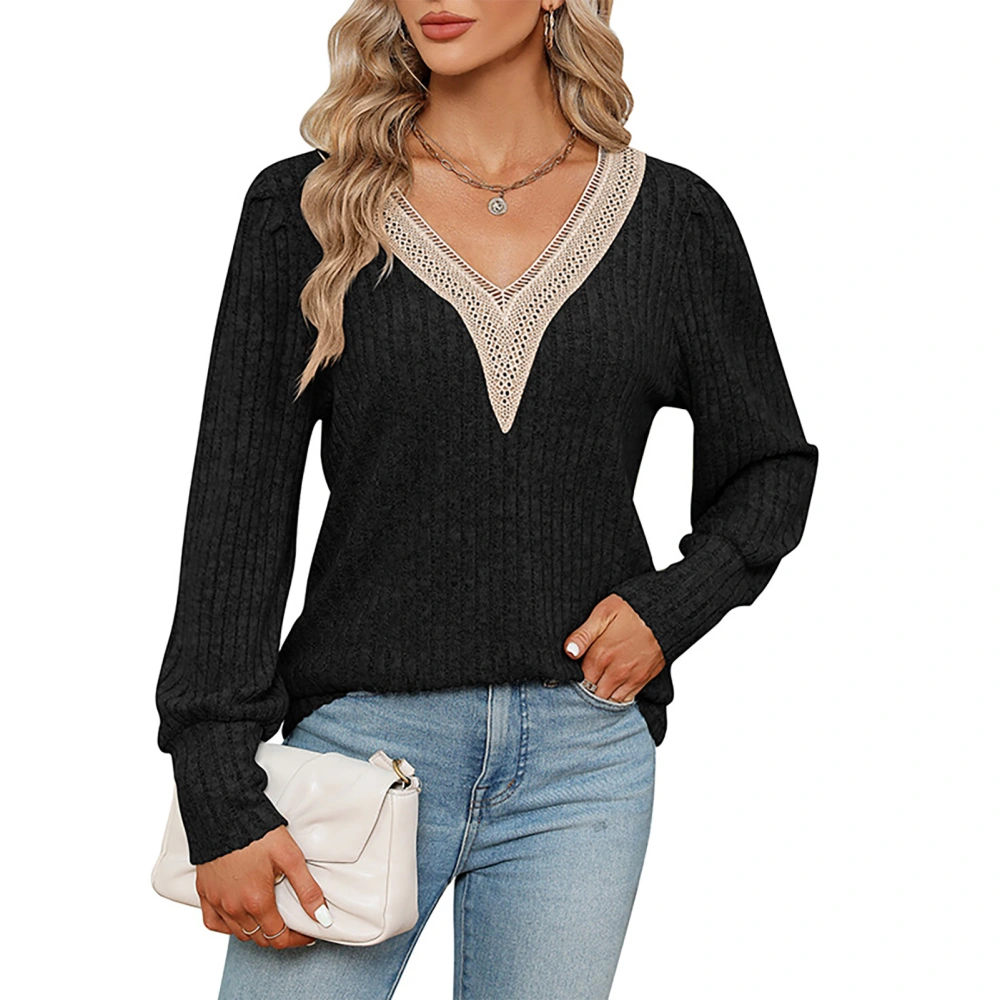 Women Lace Trim V Neck Rib Knit Top Casual Dressy Loose Fit Long Sleeve Pullover Shirt Black L