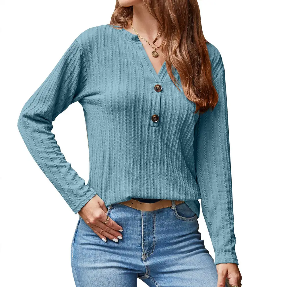 Knit Long Sleeve Top V Neck Exquisite Buttons Twist Pattern Pure Color Casual Blouse for Shopping Party Office Blue L