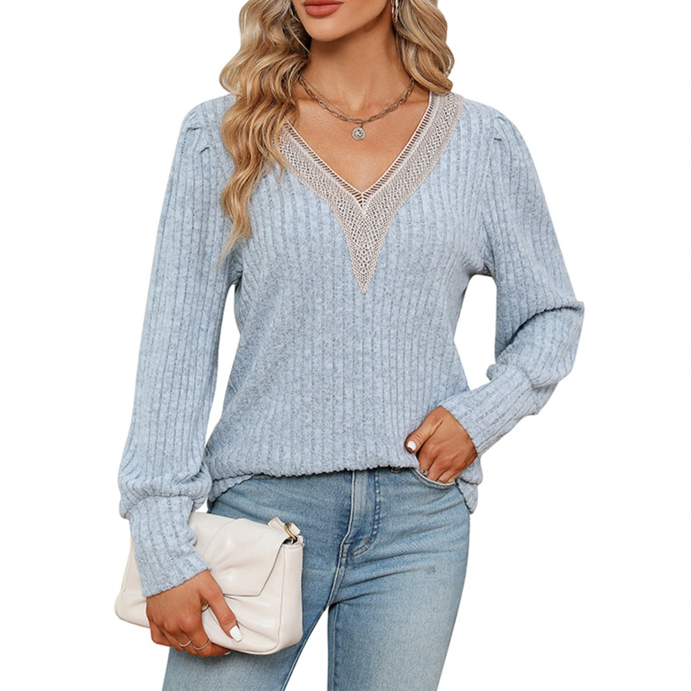 Women Lace Trim V Neck Rib Knit Top Casual Dressy Loose Fit Long Sleeve Pullover Shirt Light Blue XL