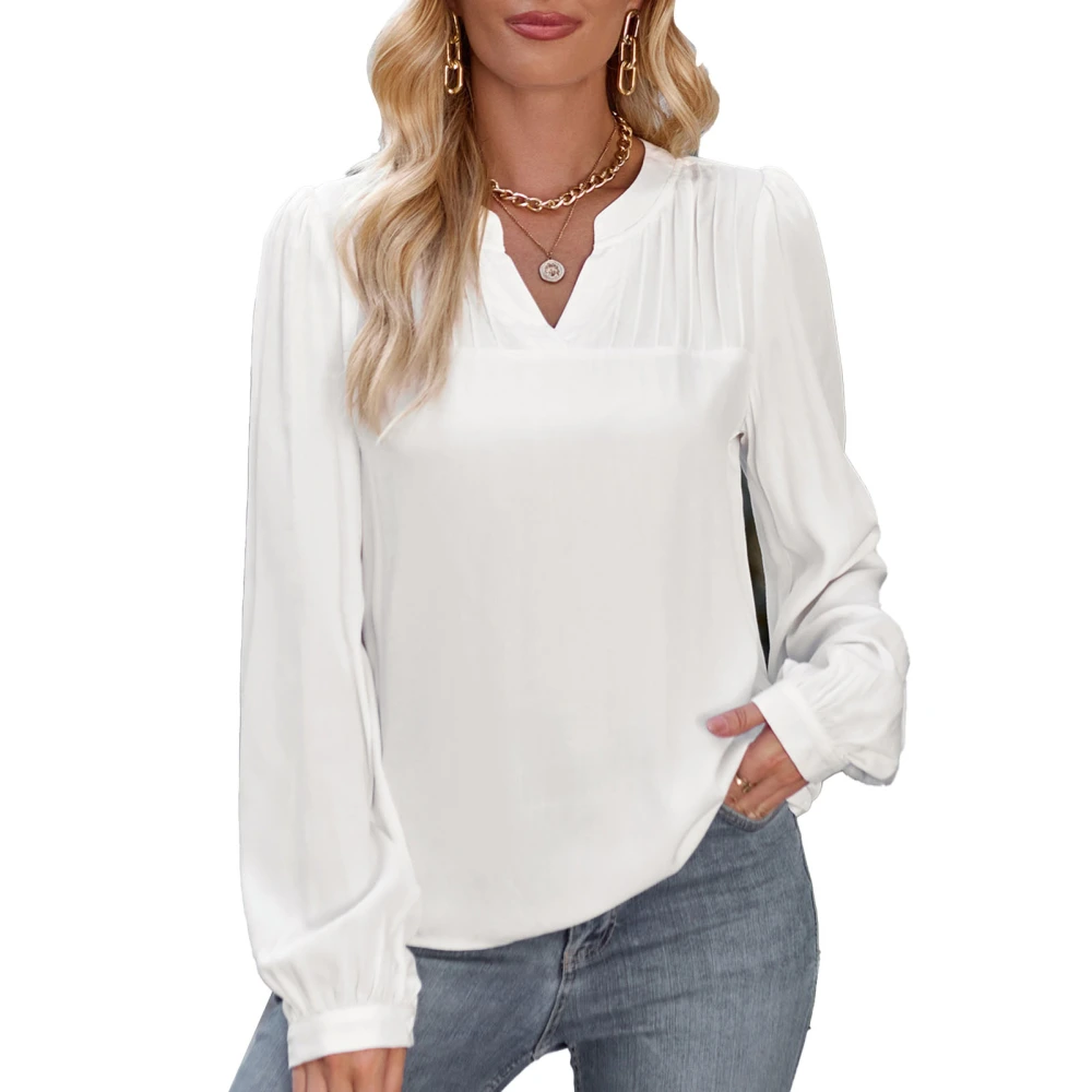 Women Blouse V Neck Pure Color Shirred Design Long Puff Sleeves Shirt for Office Travel White XL