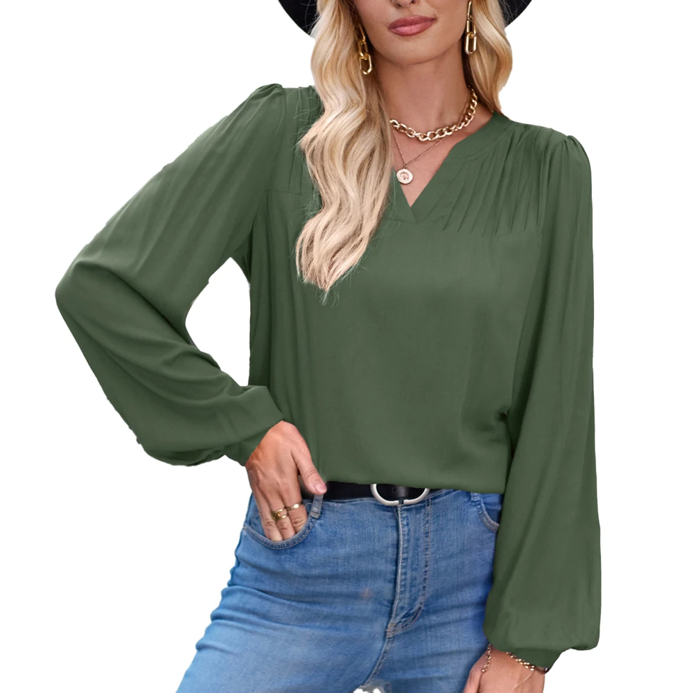 Women Blouse V Neck Pure Color Shirred Design Long Puff Sleeves Shirt for Office Travel OD Green M