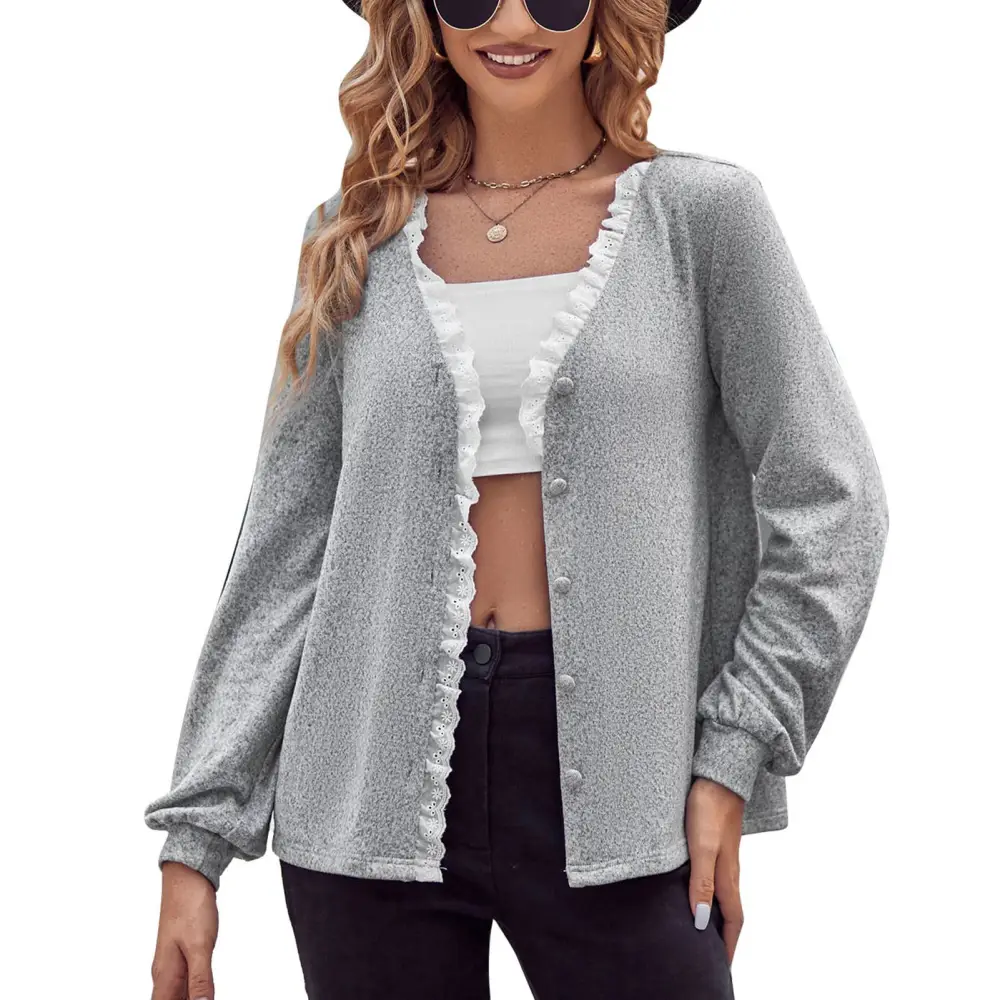 Women Knitted Coat V Neck Single Breasted Lace Color Block Long Sleeve Fashionable Knit Coat Grey S