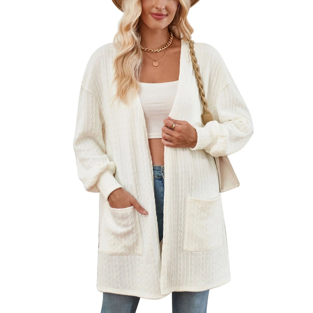 Women Open Front Sweater Drop Shoulder Large Pocket Long Sleeve Knitwear Coat for Daily Wear White L