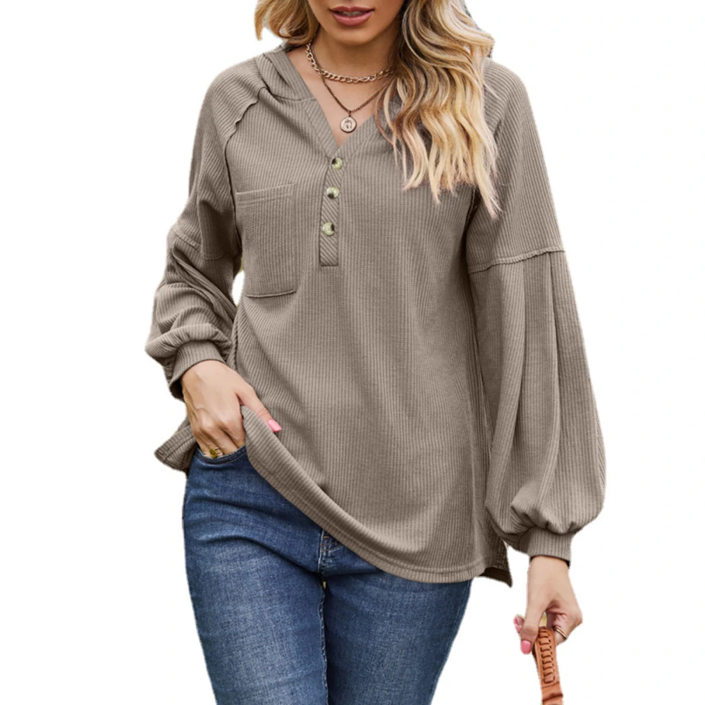 Women Hooded Button Collar Sweatshirt V Neck Lantern Long Sleeve Oversized Pullover Hoodie Khaki XL