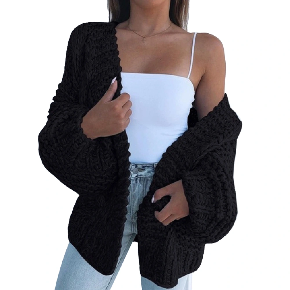 Open Front Knitted Sweater Long Sleeve Casual Fitted Open Front Sweater for Women Daily Life Black M