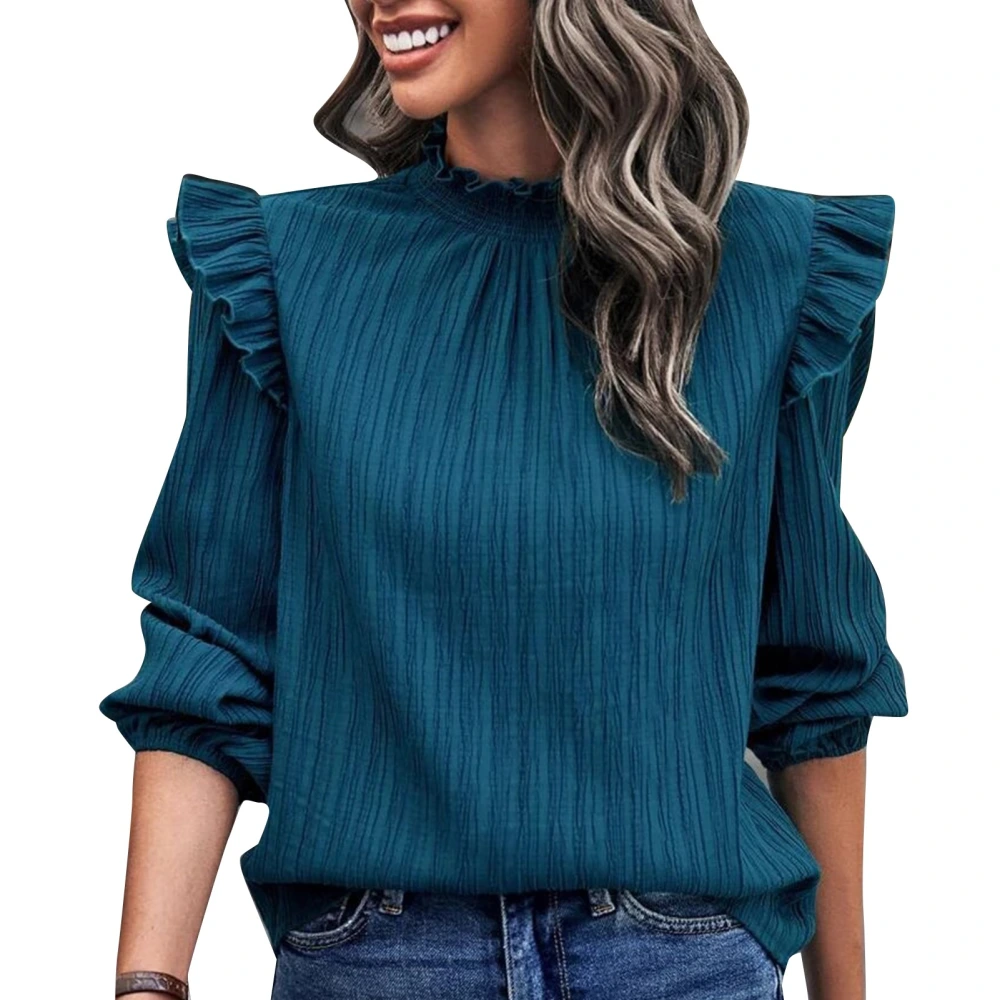 Women Top Round Neck Lantern Sleeve Ruffle Plain Elegant Loose Pullover Blouse for Work Leisure Peacock Blue XXL