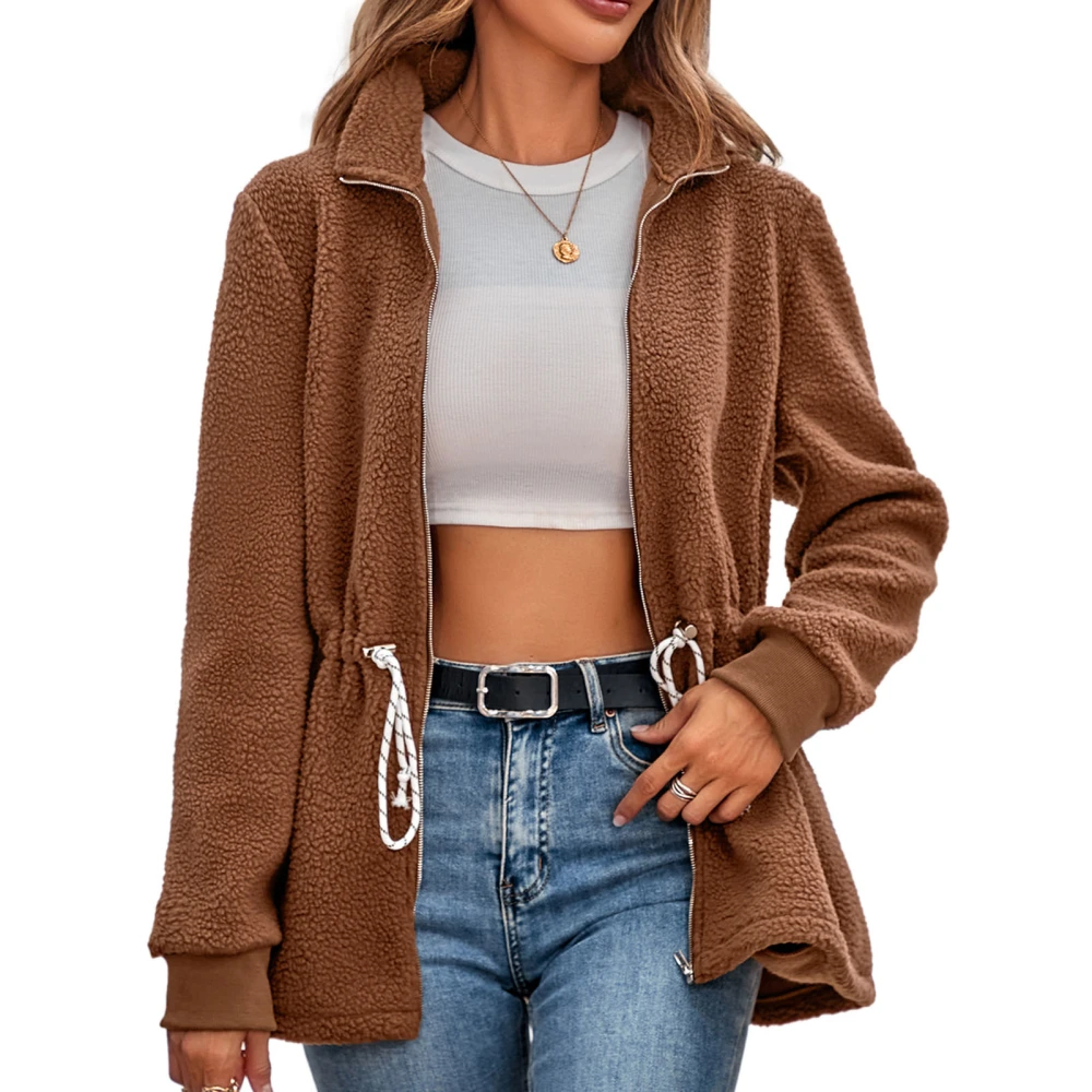 Plush Jacket Long Sleeve Drawstring Tie Waist Stand Collar Casual Coat Solid Color Top Brown XL