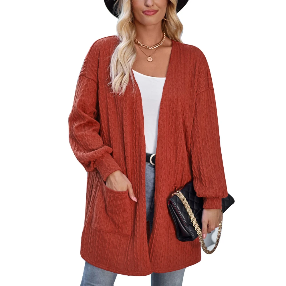 Women Open Front Sweater Drop Shoulder Large Pocket Long Sleeve Knitwear Coat for Daily Wear Brownish Red M