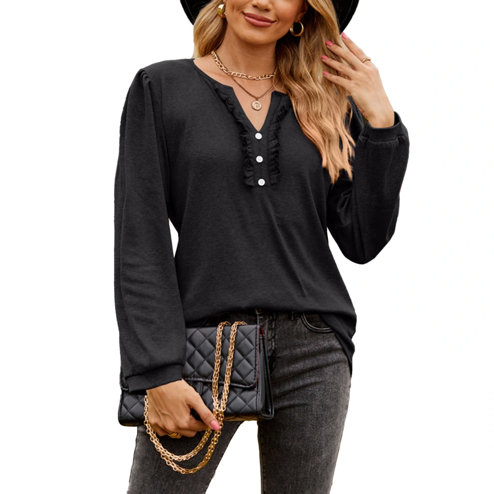 Women Button Front V Neck Fall Top Frill Trim Pure Color Elastic Cuff Long Sleeve Pullover Basic Shirt Black S