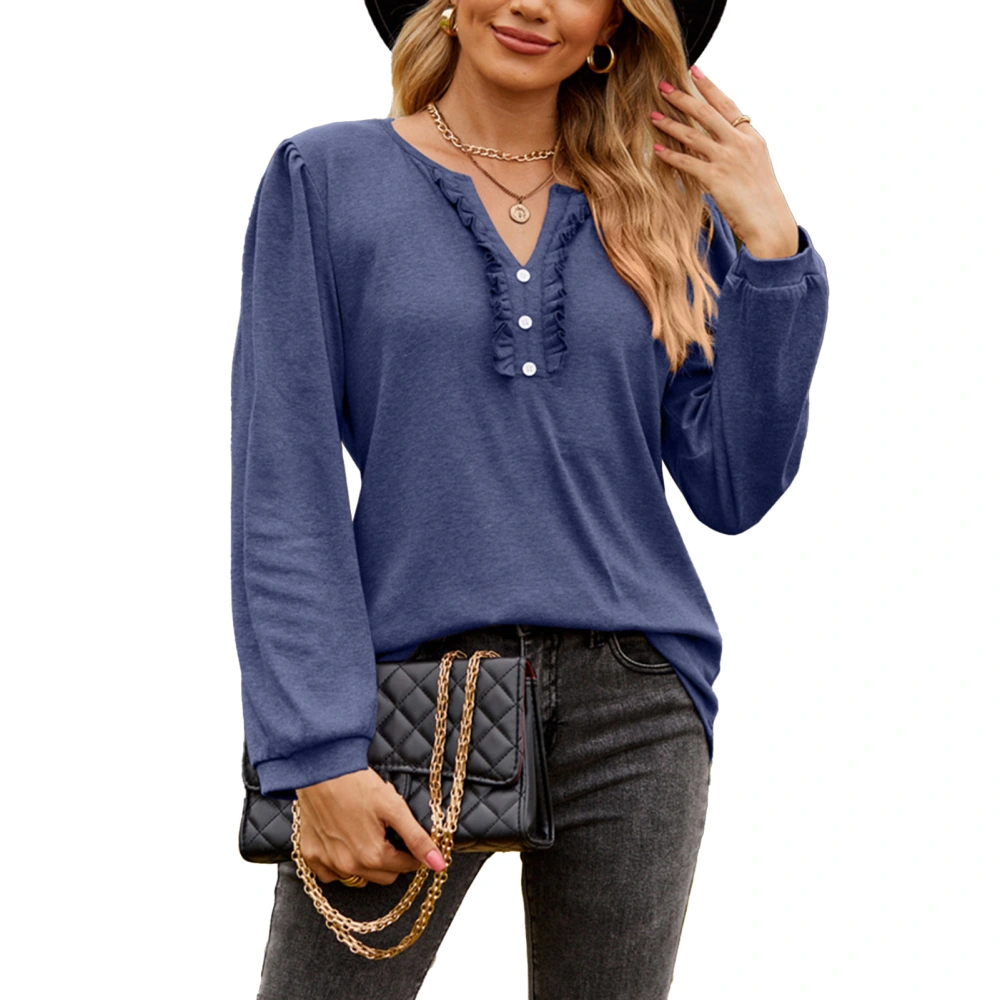 Women Button Front V Neck Fall Top Frill Trim Pure Color Elastic Cuff Long Sleeve Pullover Basic Shirt Navy Blue S