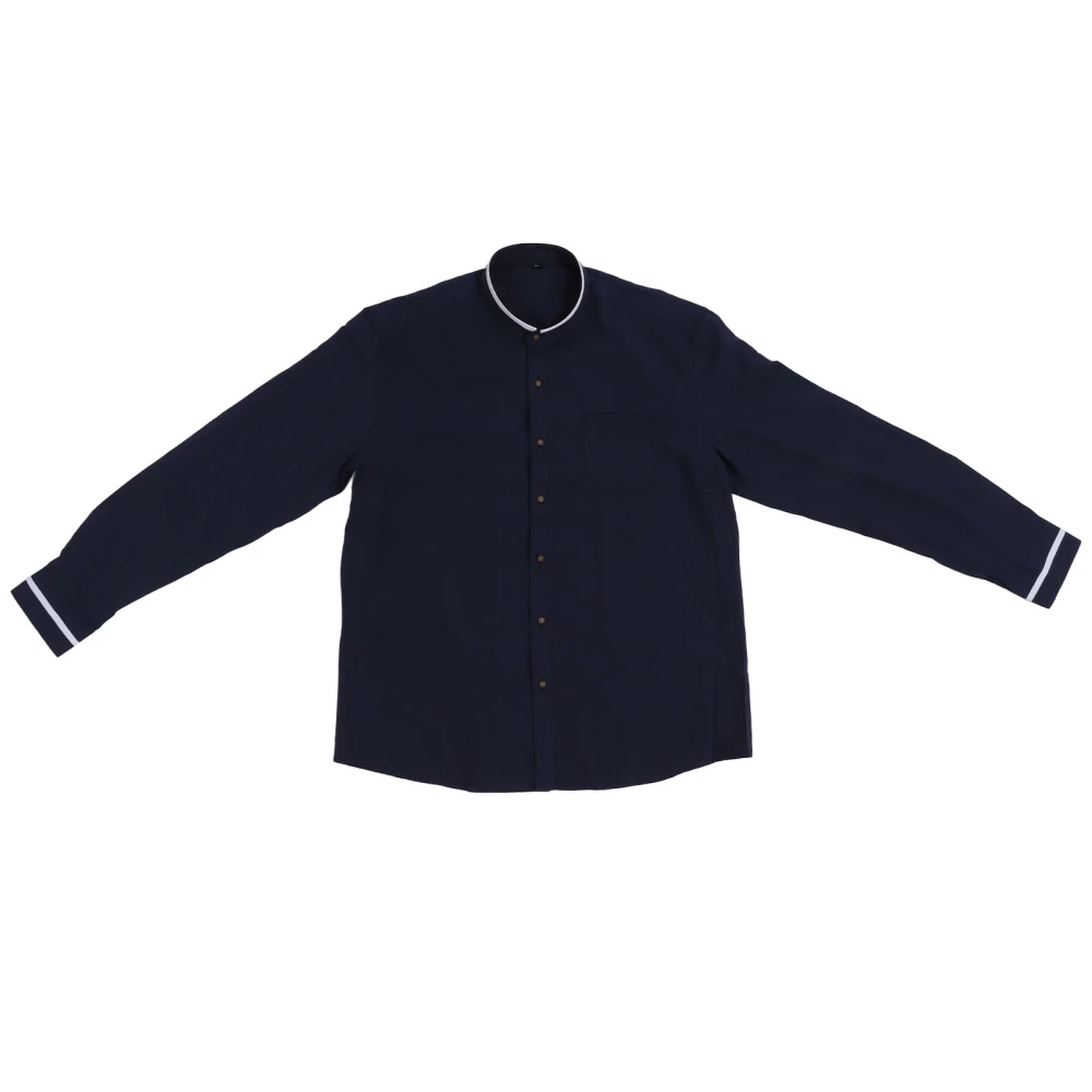 Male Stand Collar Shirt Long Sleeve Front Pocket Male Button Up Dress Tee Shirt for Business Dark Blue XXL