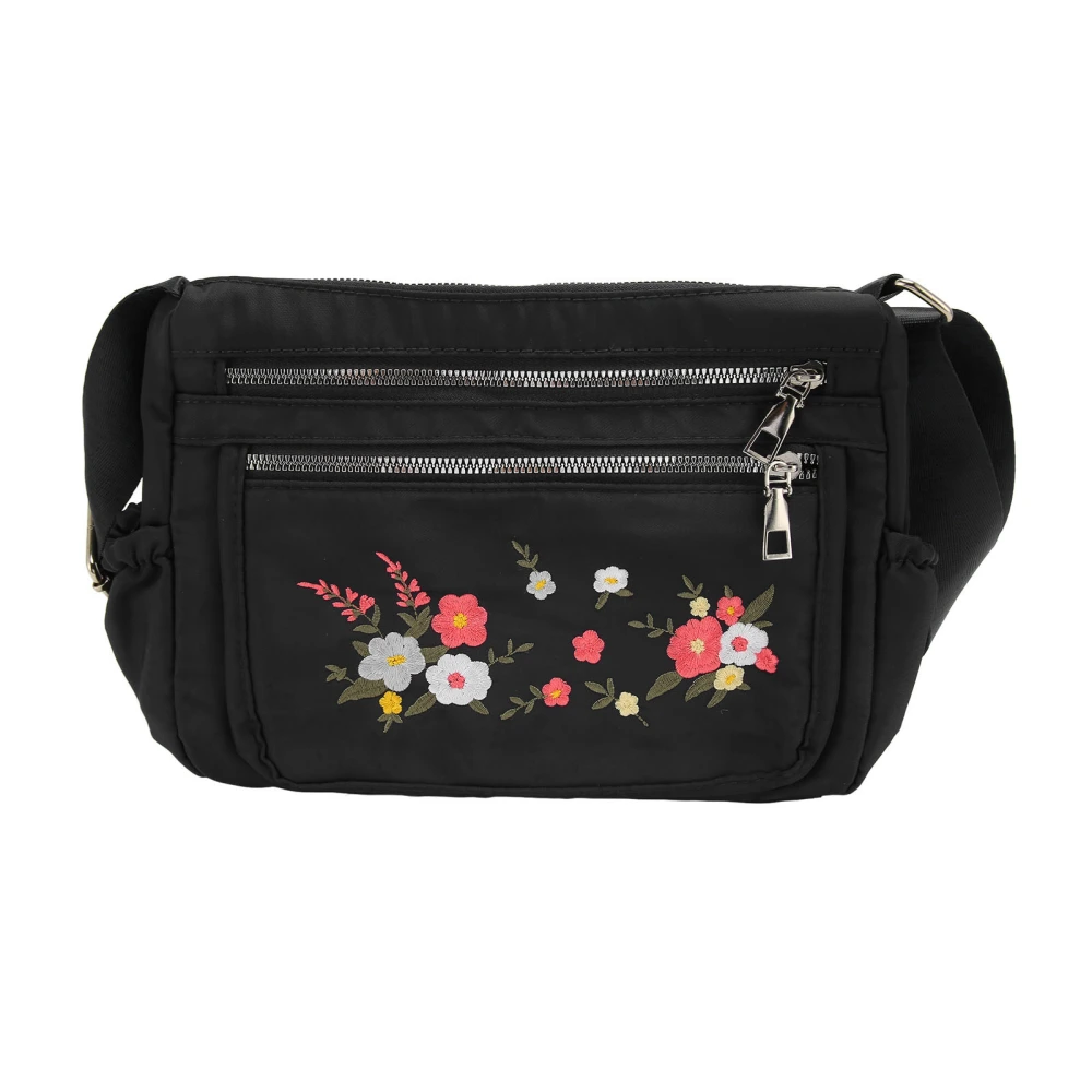 Floral Embroidered Messenger Bag Women Waterproof Nylon Fashionable Casual Adjustable Shoulder Bag Black Rectangular Bag