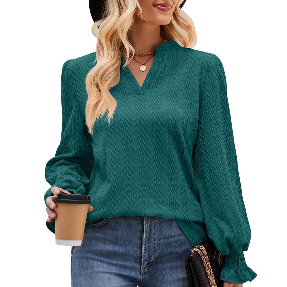 Casual Women Top Pure Color V Neck Long Sleeve Loose Jacquard Knit Blouse for Autumn Winter Green S