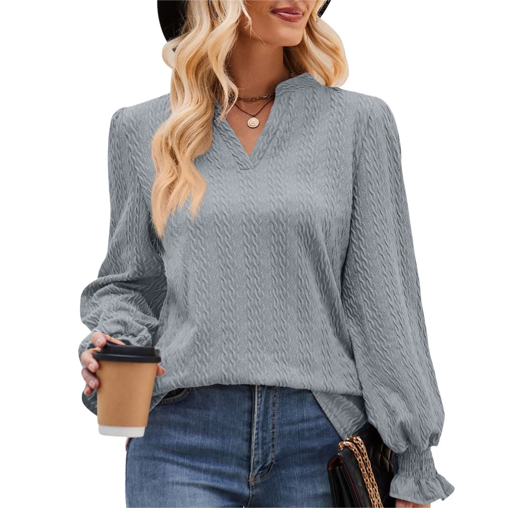 Casual Women Top Pure Color V Neck Long Sleeve Loose Jacquard Knit Blouse for Autumn Winter Grey M