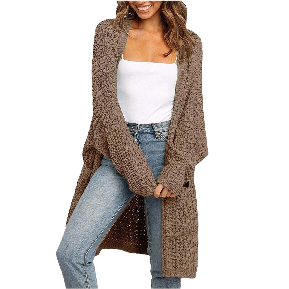 Women Sweater Long Sleeve Open Front Side Pockets Plain Simple Stylish Loose Casual Knit Coat Khaki S