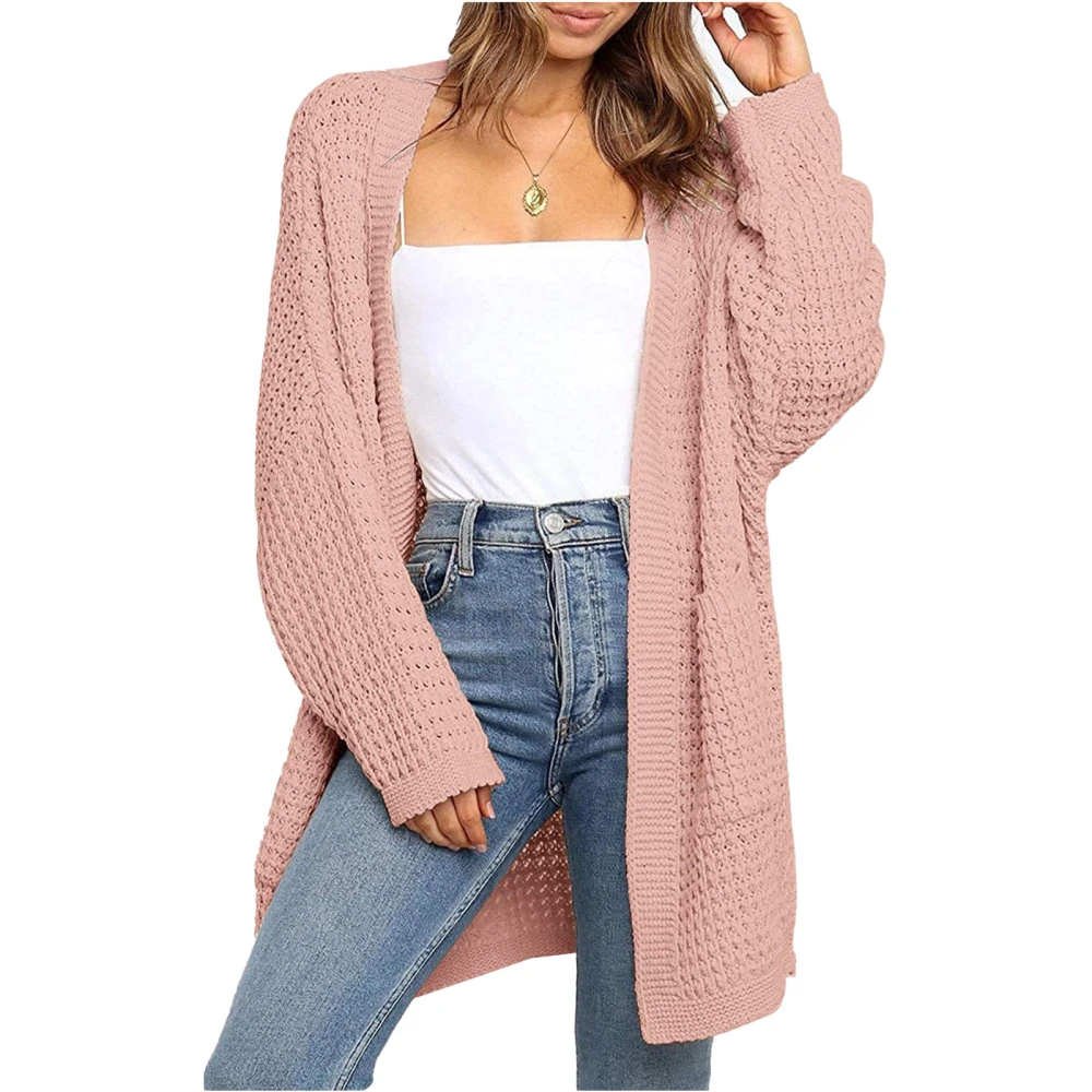 Women Sweater Long Sleeve Open Front Side Pockets Plain Simple Stylish Loose Casual Knit Coat Pink M