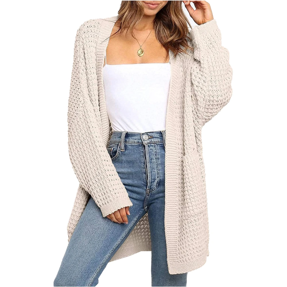 Women Sweater Long Sleeve Open Front Side Pockets Plain Simple Stylish Loose Casual Knit Coat Beige XL