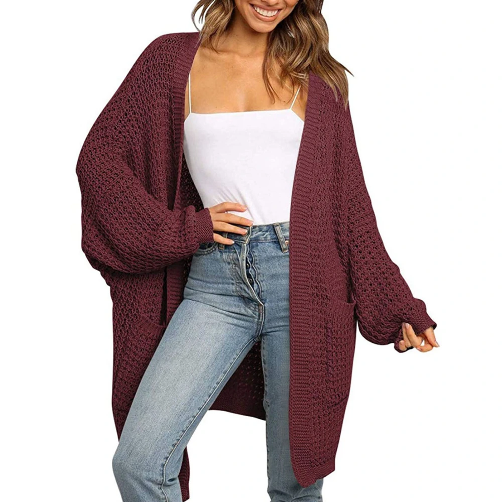 Women Sweater Long Sleeve Open Front Side Pockets Plain Simple Stylish Loose Casual Knit Coat Wine Red L