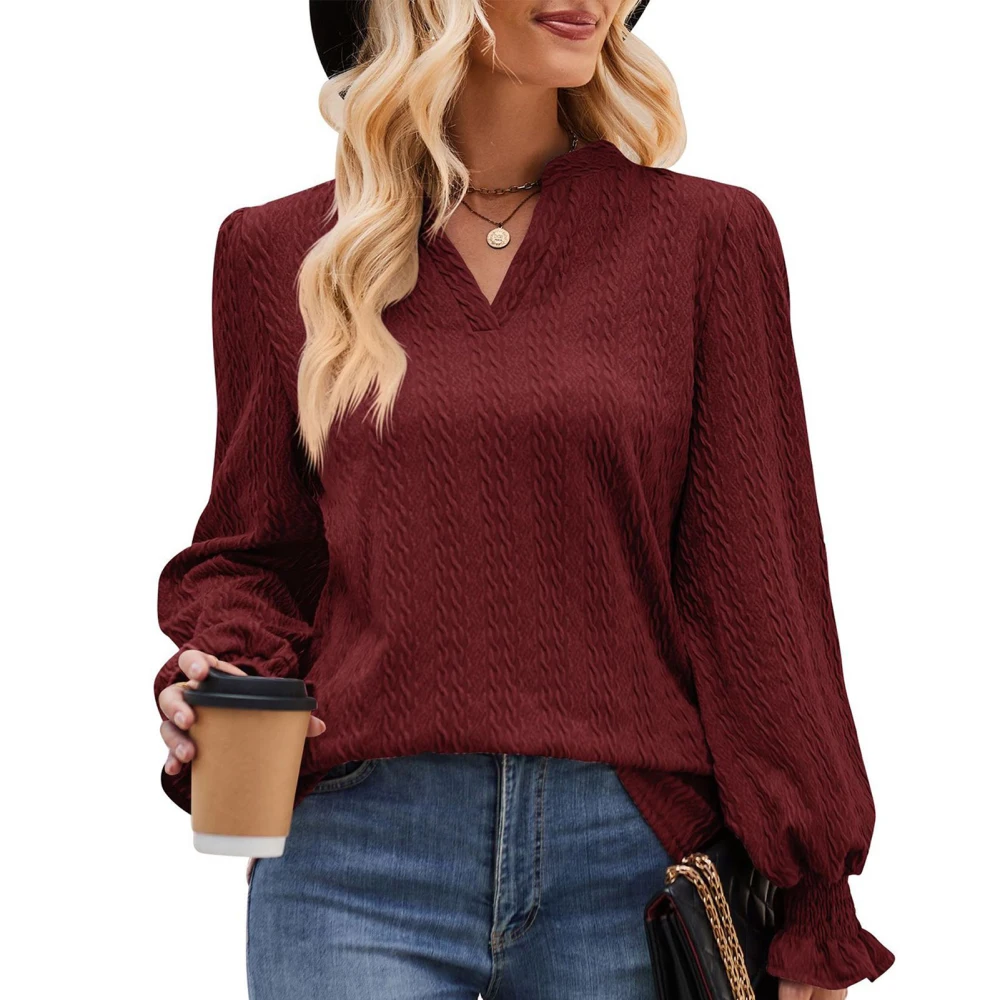 Casual Women Top Pure Color V Neck Long Sleeve Loose Jacquard Knit Blouse for Autumn Winter Wine Red XL