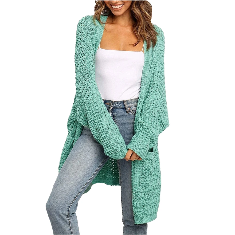 Women Sweater Long Sleeve Open Front Side Pockets Plain Simple Stylish Loose Casual Knit Coat Green M