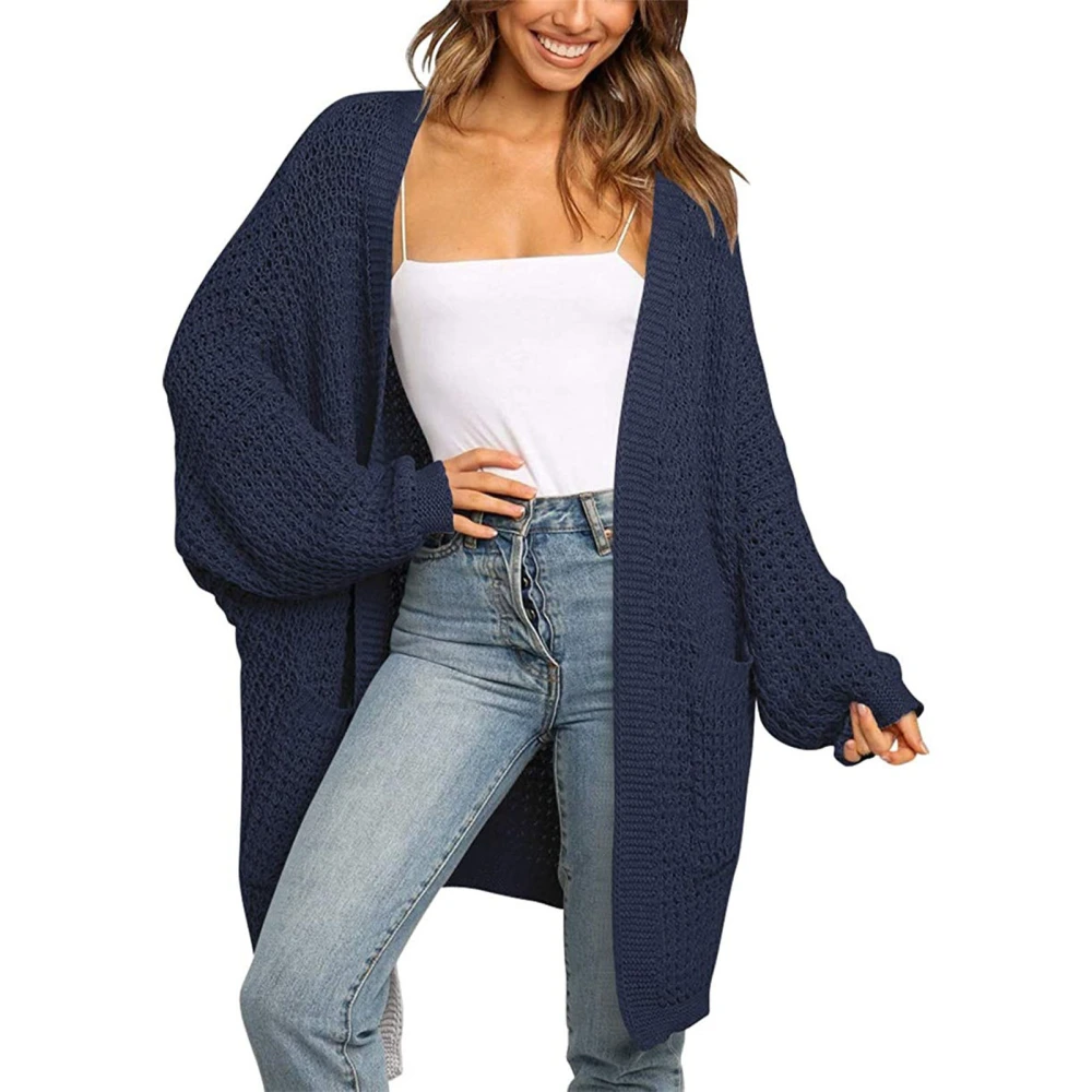 Women Sweater Long Sleeve Open Front Side Pockets Plain Simple Stylish Loose Casual Knit Coat Dark Blue L