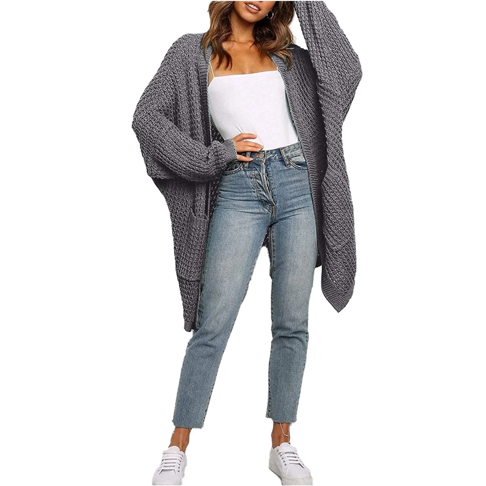 Women Sweater Long Sleeve Open Front Side Pockets Plain Simple Stylish Loose Casual Knit Coat Dark Gray L