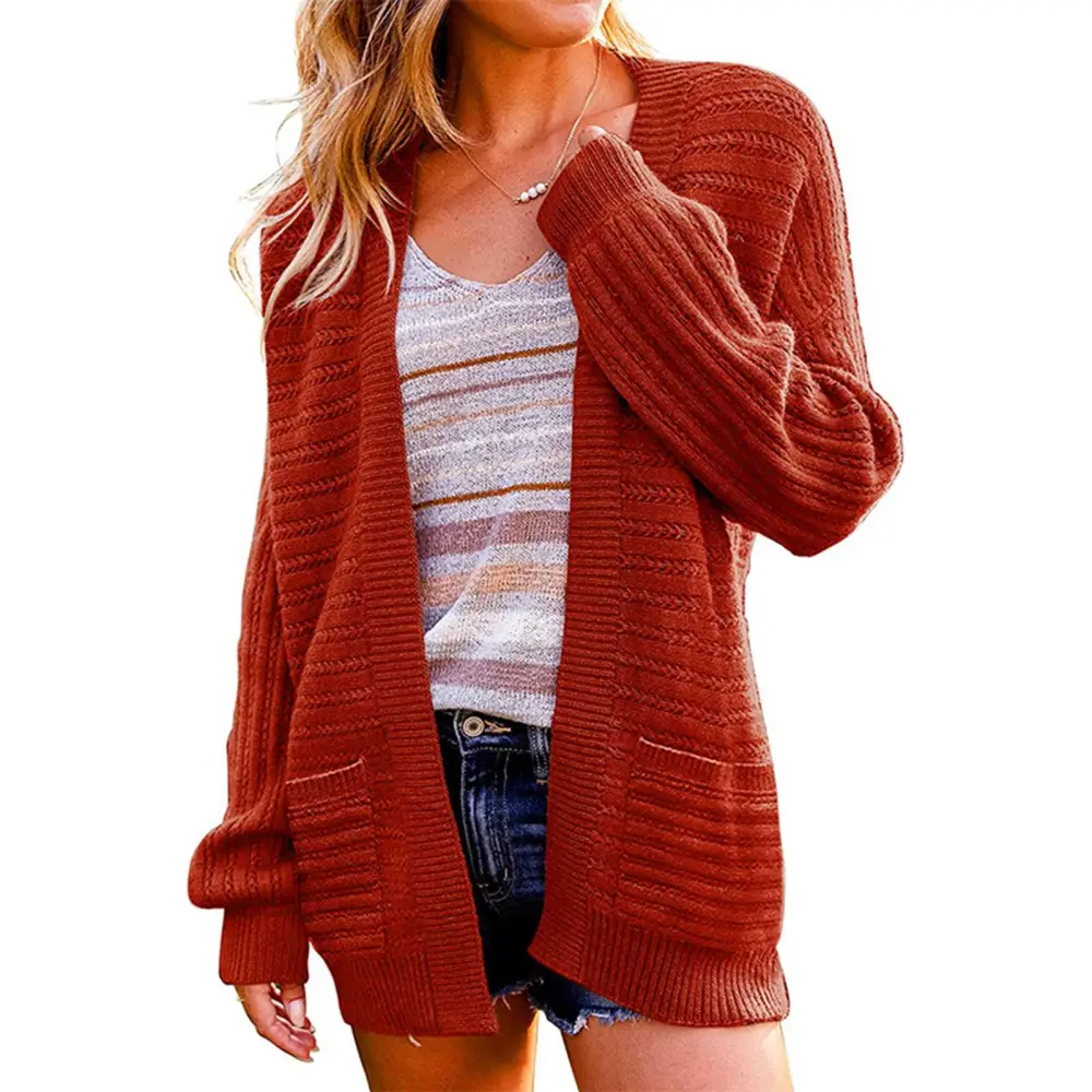 Open Front Outwear Casual Loose Solid Color Cozy Sweater Coat for Office Dating Work Daily Wear Brownish Red S