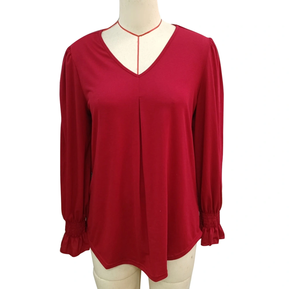 Long Puff Sleeve Top Women Elegant Plain Color Loose Hem Shirred Cuff Pleated V Neck Shirt Blouse Burgundy XL