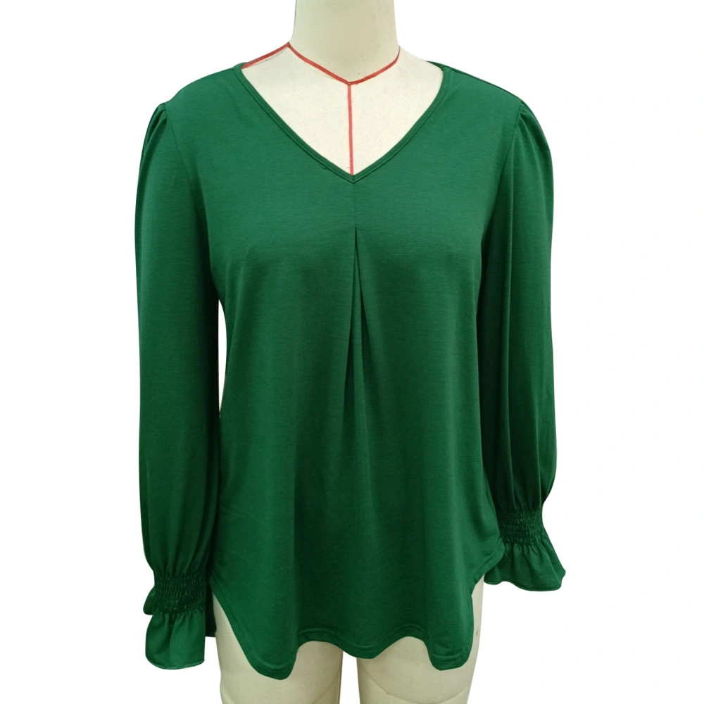 Puff Long Sleeve Blouse Shirred Cuff Flowy V Neckline Pleated Blouse for Women Office OD Green L