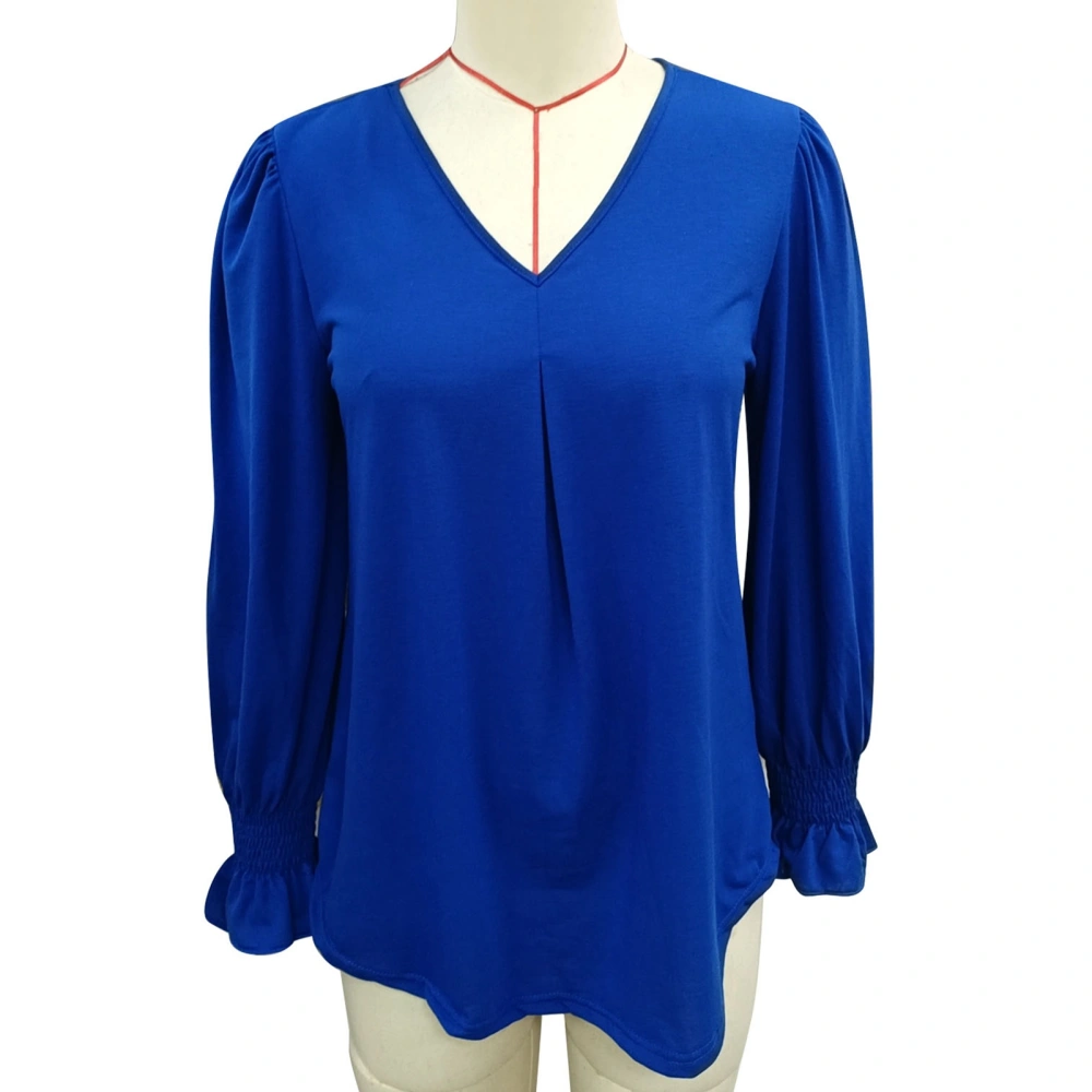 Puff Long Sleeve Blouse Shirred Cuff Flowy V Neckline Pleated Blouse for Women Office Royal Blue L