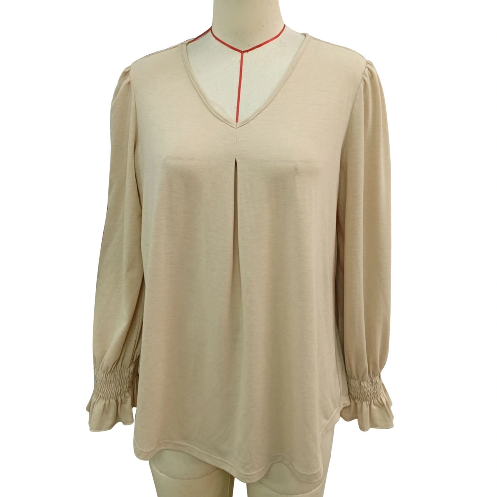 Puff Long Sleeve Blouse Shirred Cuff Flowy V Neckline Pleated Blouse for Women Office Khaki XL