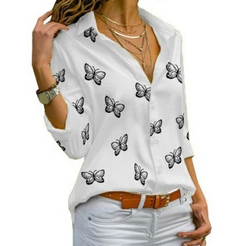 Women Blouse Cotton Turn Down Collar Long Sleeves Pretty Print Button Down for Outdoor Office White L