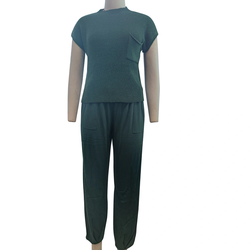 Two Pieces Knitted Sweater Pants Suit Short Sleeve Front Pocket Knitted Sweater Long Trousers for Women Dark Green XL