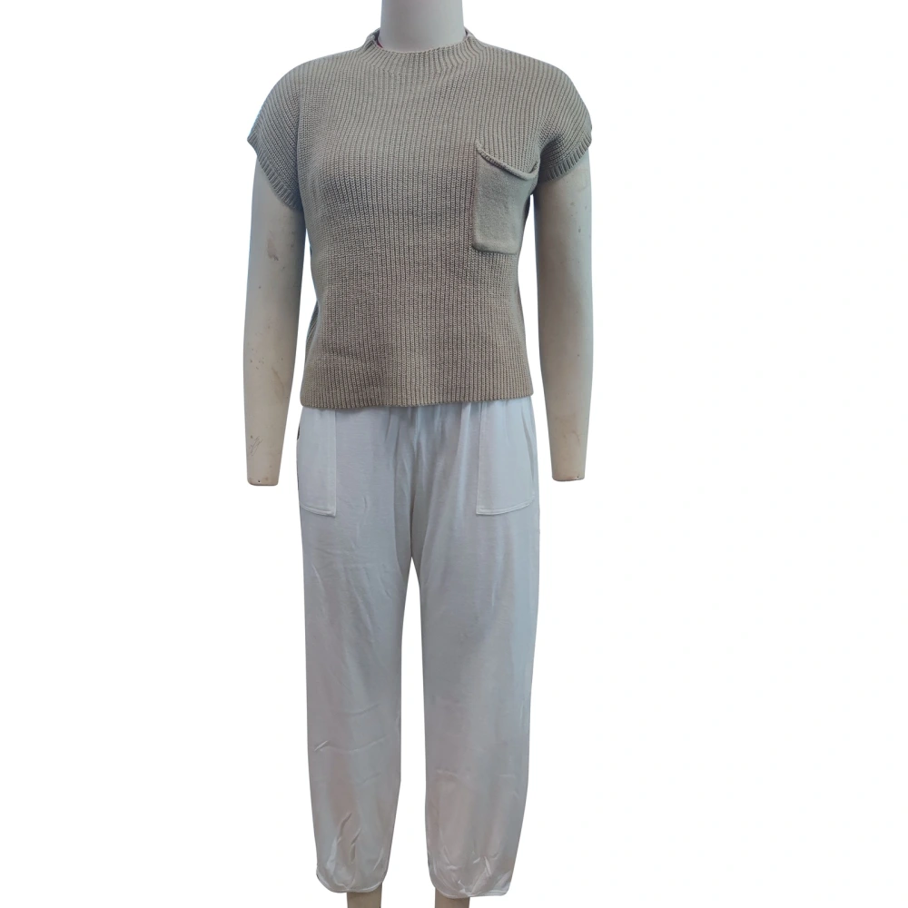 Two Pieces Knitted Sweater Pants Suit Short Sleeve Front Pocket Knitted Sweater Long Trousers for Women Grey White XL