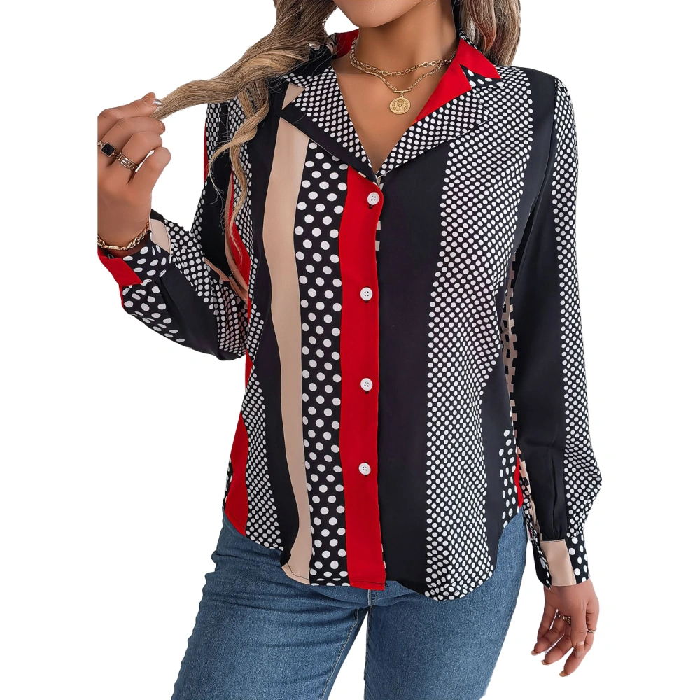 Turn Down Collar Blouse Shirt Long Sleeve Color Block Casual Fitted Printed Button Up Blouse Shirt Red M