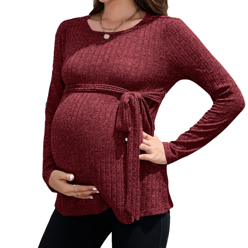 Maternity Long Sleeved Top Pure Color Round Neck Pit Stripes Breathable Skin Friendly Long Sleeve Blouse for Traveling Partying Red S