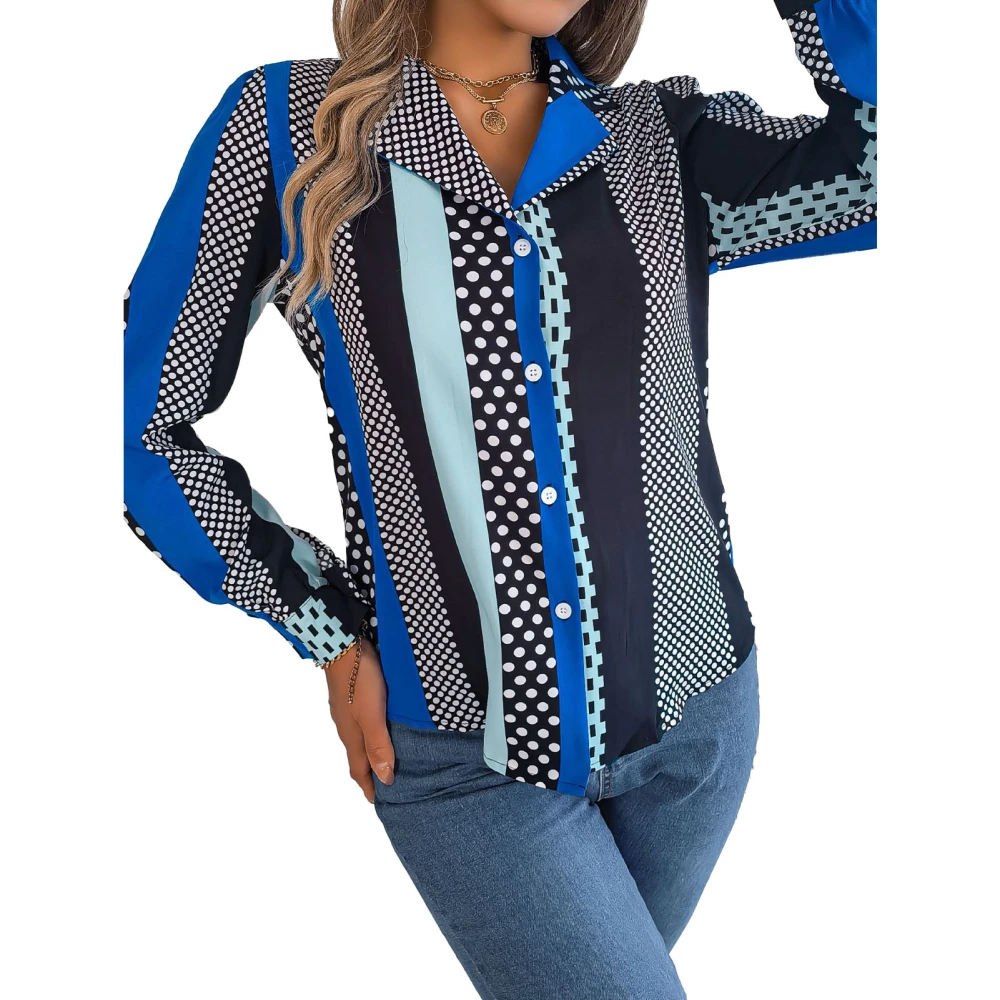 Turn Down Collar Blouse Shirt Long Sleeve Color Block Casual Fitted Printed Button Up Blouse Shirt Blue XL