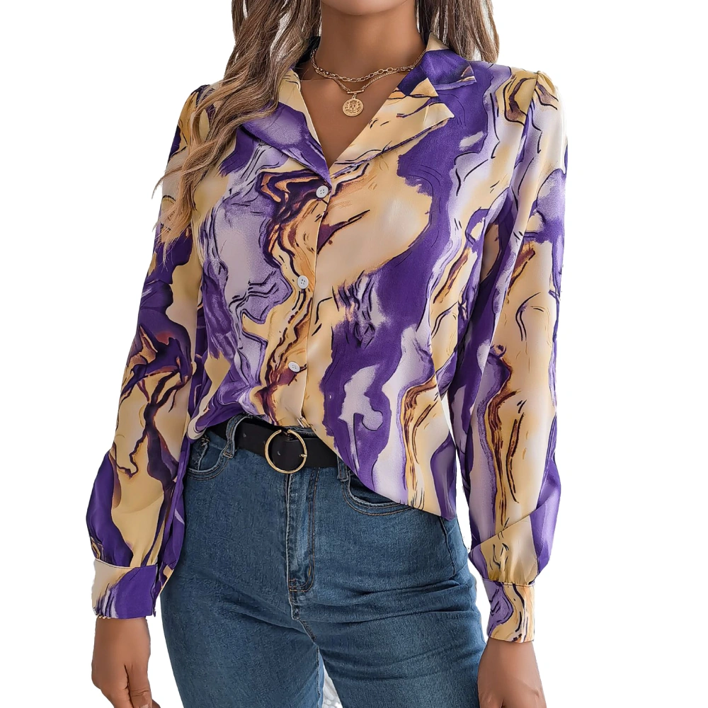 Women Fashion Print Leisure Shirt Abstract Print Button Up Blouse Turn Down Collar Long Sleeve Top Purple XL