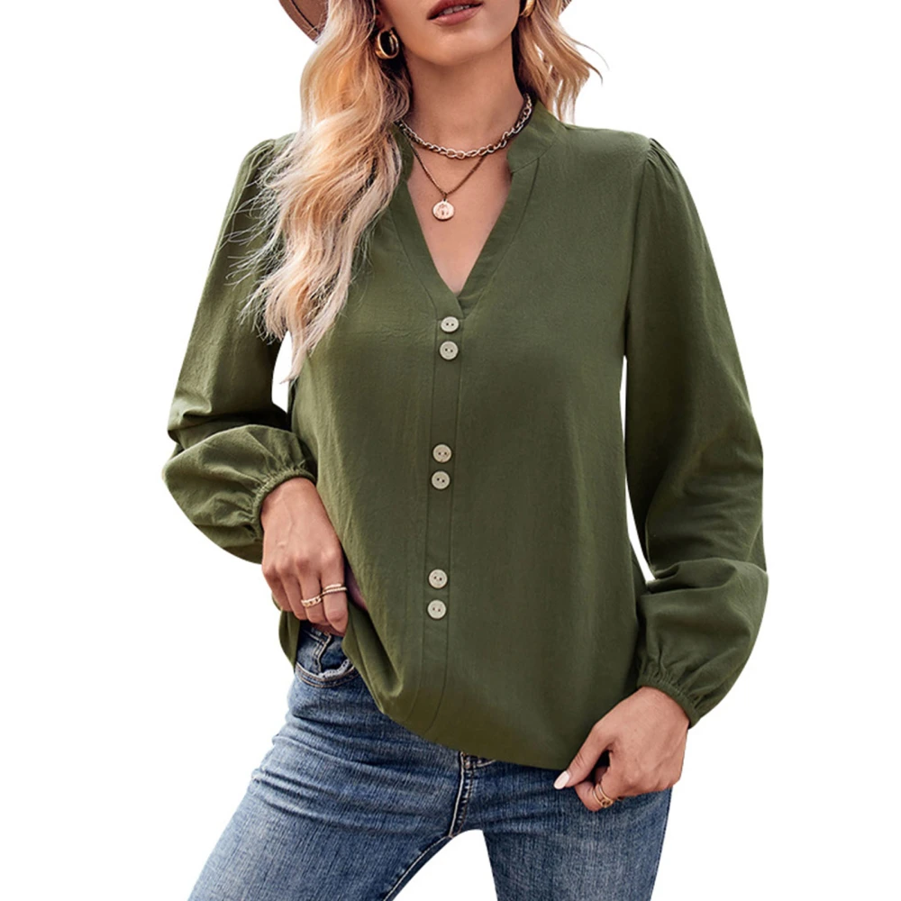 Long Sleeve Pullover Shirt Women Loose Casual Fashionable Plain Color V Neck Button Decor Top Blouse OD Green S