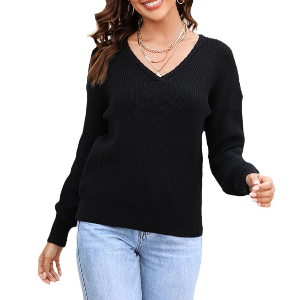 Women Knit Sweater Solid Color Fashion Style Casual Slim V Neck Long Sleeve Pullover Jumper Black L