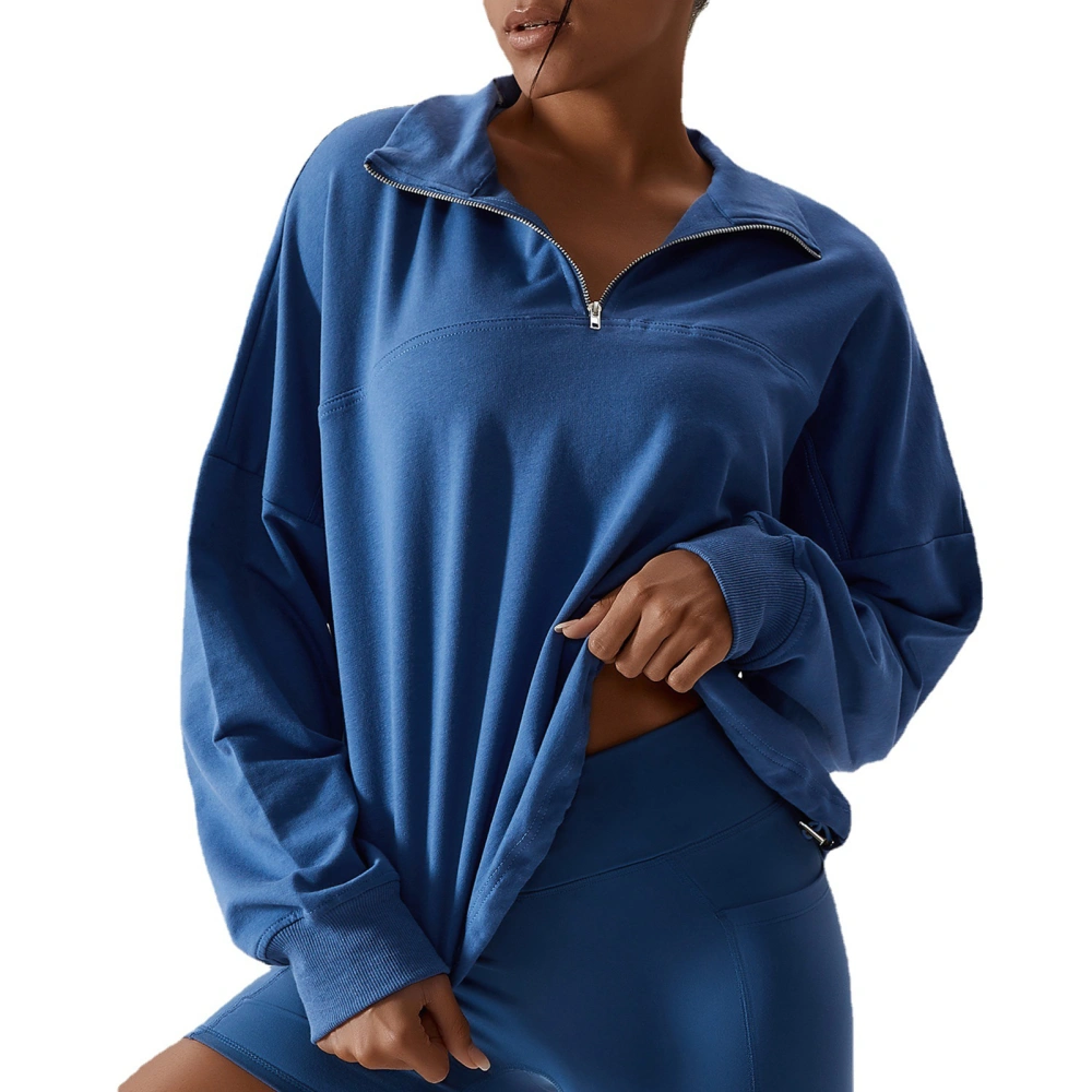 Women Sports Sweatshirt Long Sleeve Turn Dwon Collar Windproof Pure Color Pullover Top for Running Dark Blue 14/XL