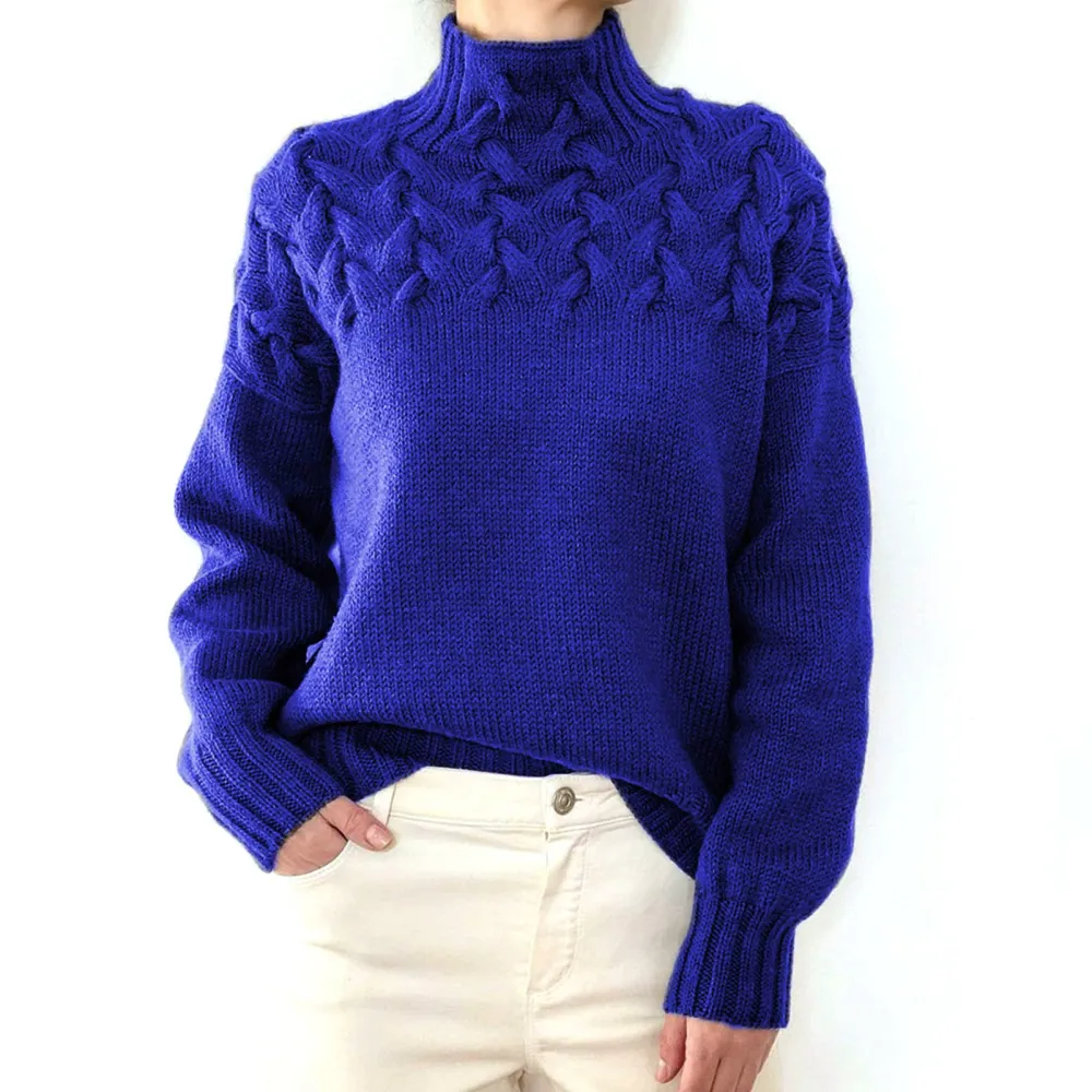 Women High Neck Sweater Long Sleeves Pure Color Cable Knit Pullover Top for Autumn Winter Blue L