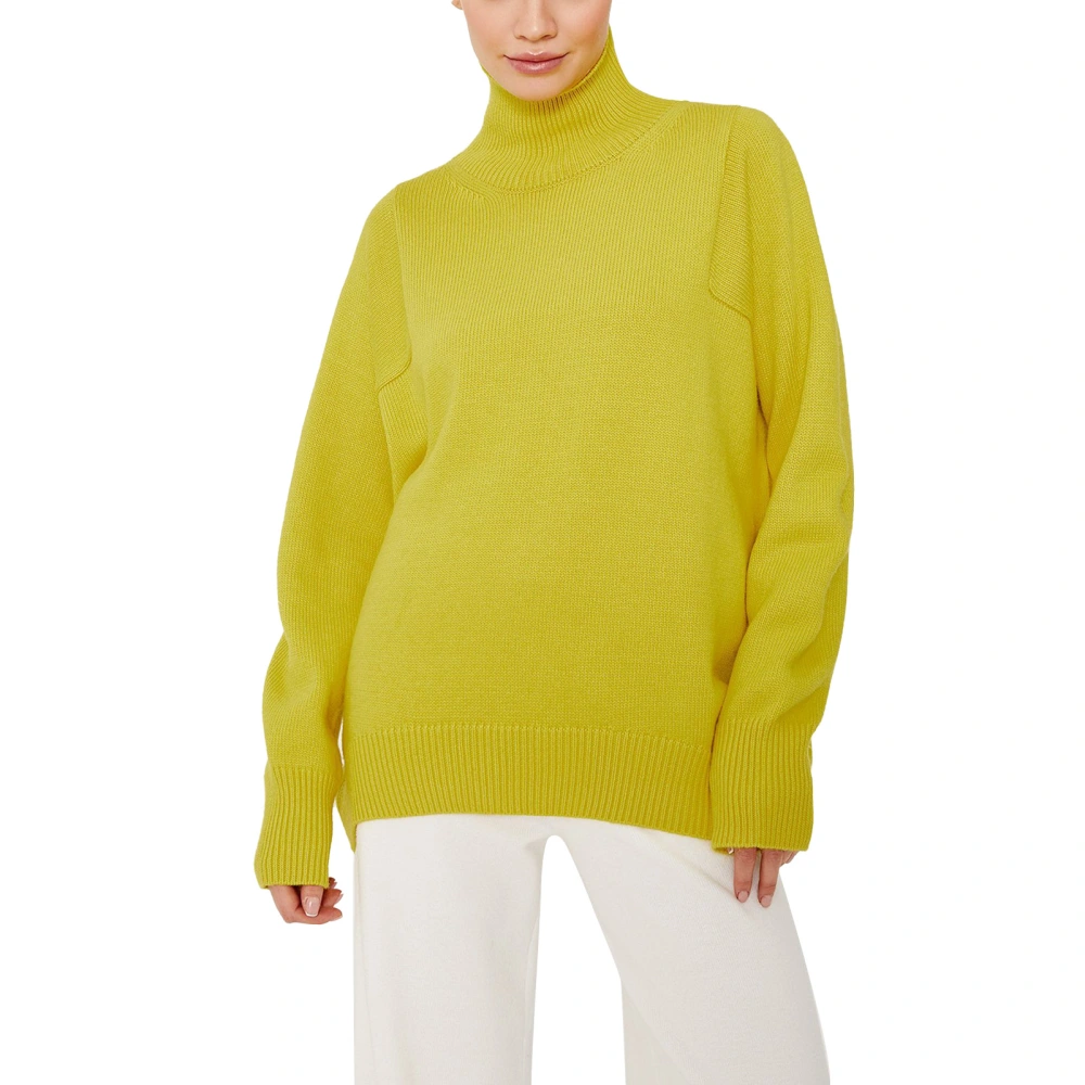 Women High Neck Sweater Loose Fit Plain Color Long Sleeve Casual Pullover Knit Sweater Top Yellow S