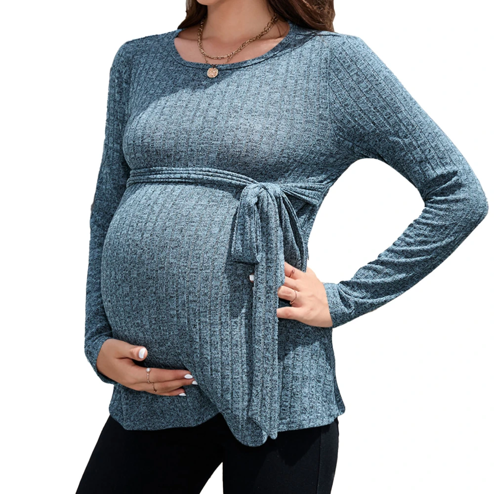 Maternity Long Sleeved Top Pure Color Round Neck Pit Stripes Breathable Skin Friendly Long Sleeve Blouse for Traveling Partying Blue L