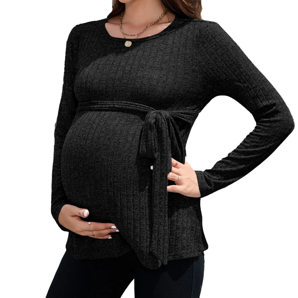 Maternity Long Sleeved Top Pure Color Round Neck Pit Stripes Breathable Skin Friendly Long Sleeve Blouse for Traveling Partying Black XL