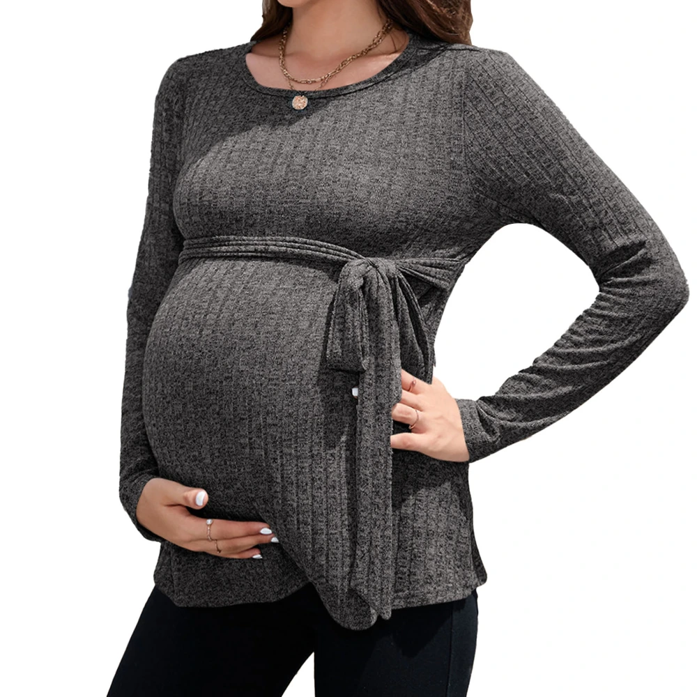 Maternity Long Sleeved Top Pure Color Round Neck Pit Stripes Breathable Skin Friendly Long Sleeve Blouse for Traveling Partying Gray M