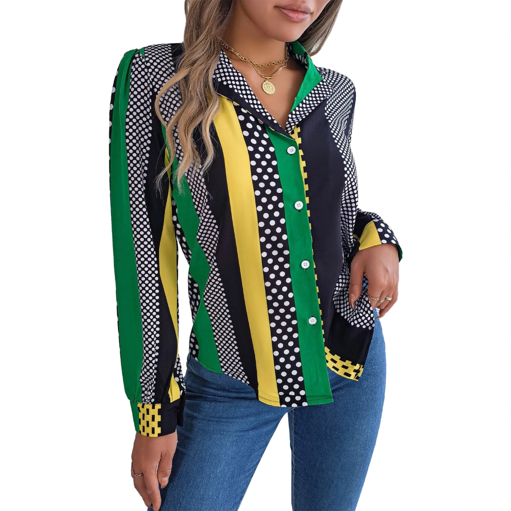 Turn Down Collar Blouse Shirt Long Sleeve Color Block Casual Fitted Printed Button Up Blouse Shirt Green M