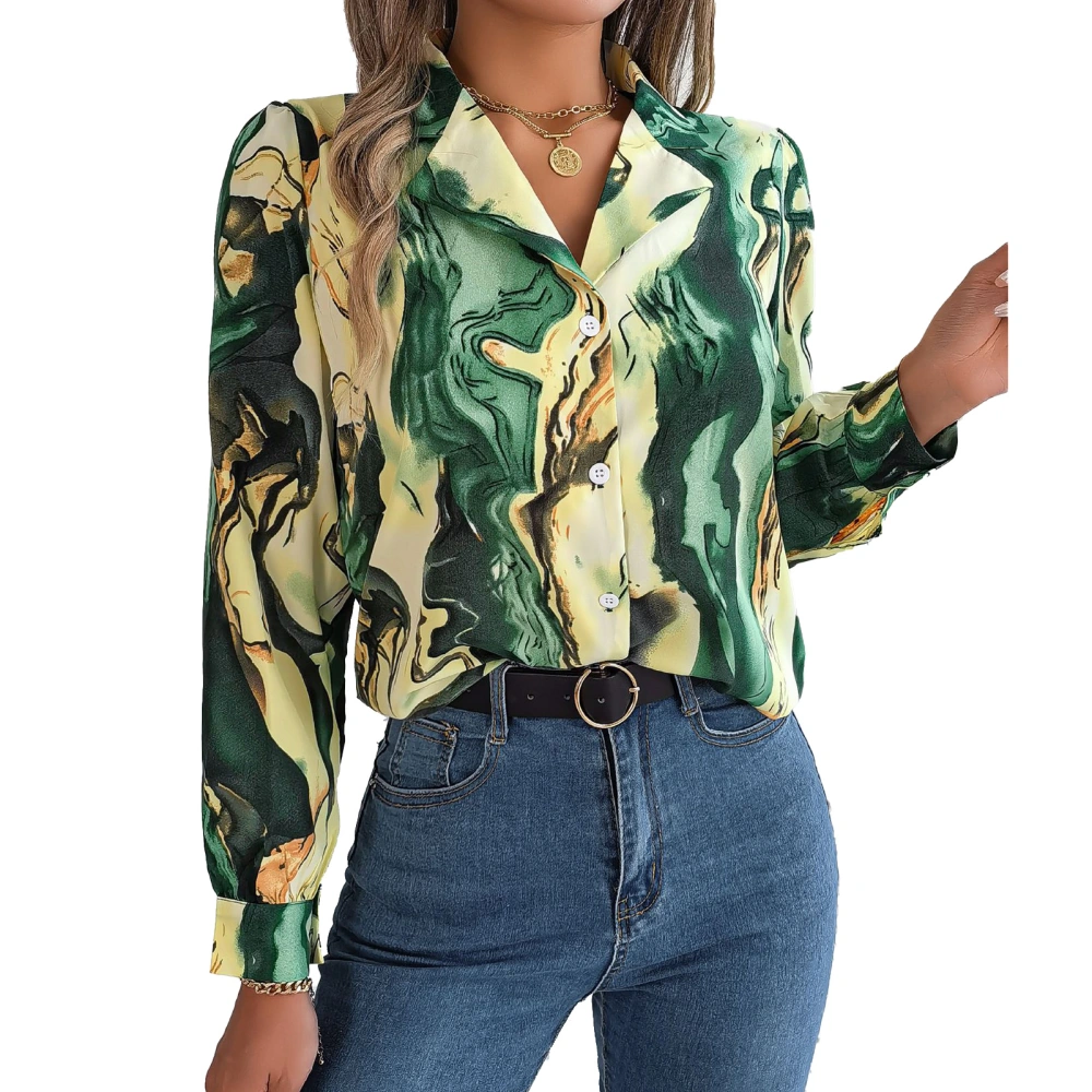 Women Fashion Print Leisure Shirt Abstract Print Button Up Blouse Turn Down Collar Long Sleeve Top Green XL