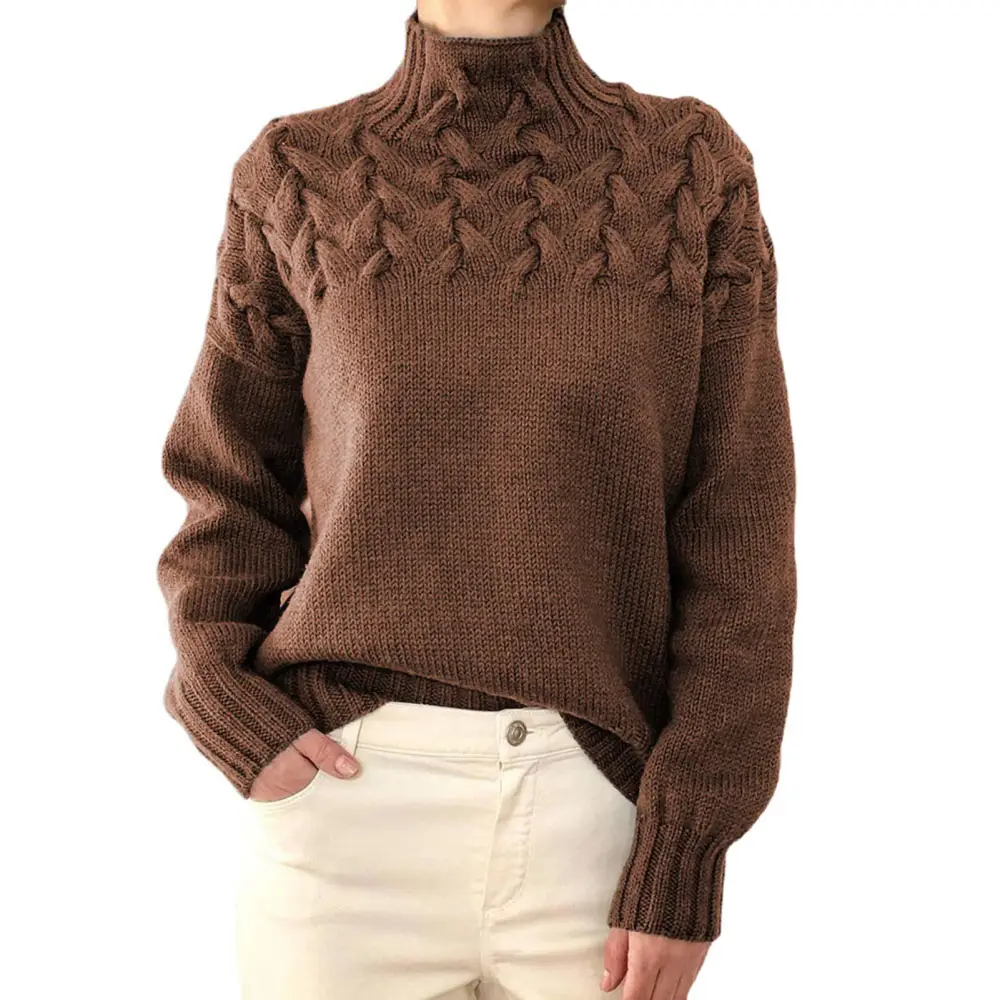 Women High Neck Sweater Long Sleeves Pure Color Cable Knit Pullover Top for Autumn Winter Khaki S